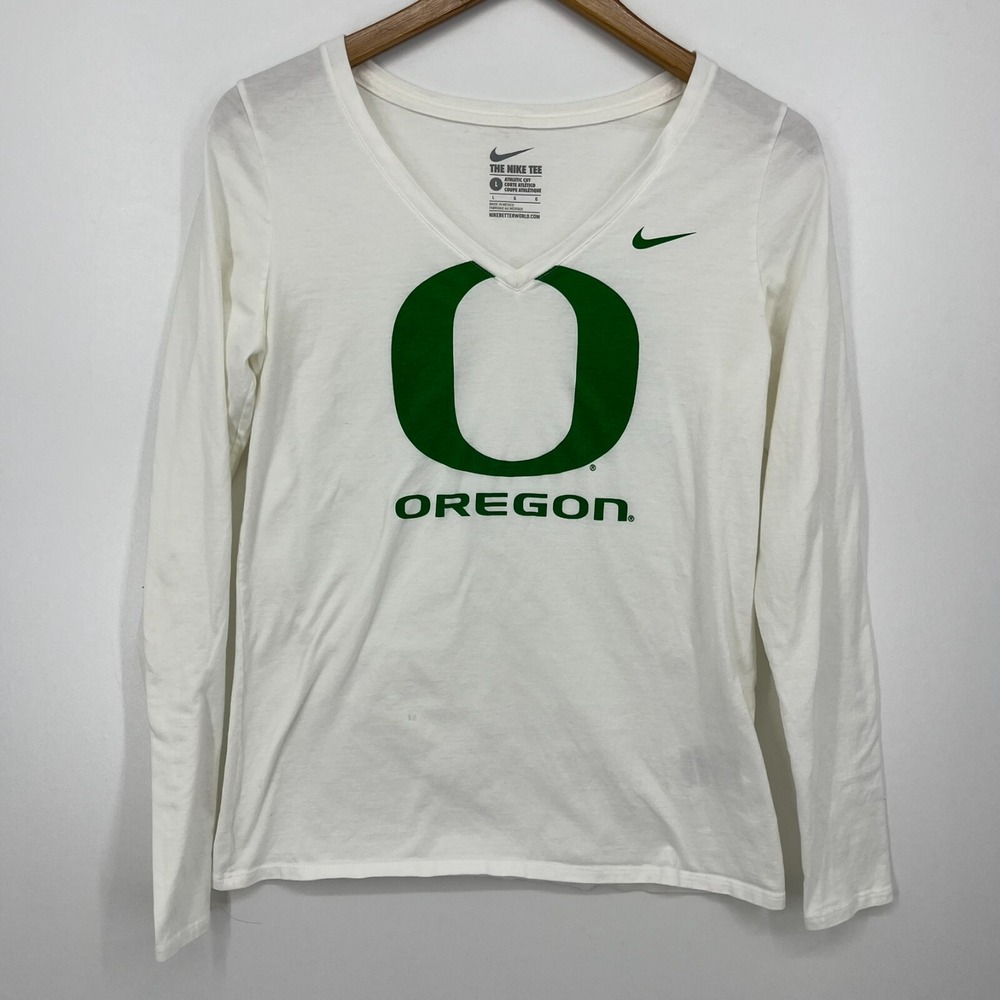 Nike Oregon Ducks Womens Long Sleeve V-Neck T-Shirt White Green Large Slim Fit